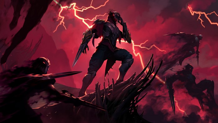 Zed from League of Legends in a red, stormy landscape