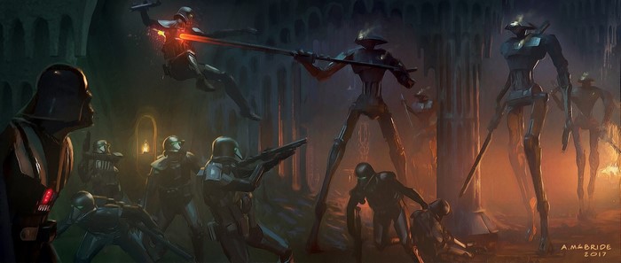 Darth Vader and Death Troopers fighting droids in Star Wars