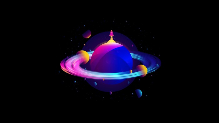 Spaceship on a colorful planet with rings