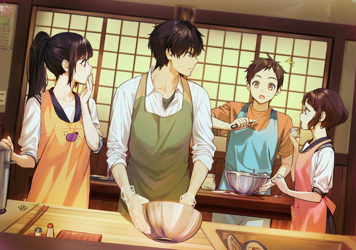 Anime characters cooking in a kitchen