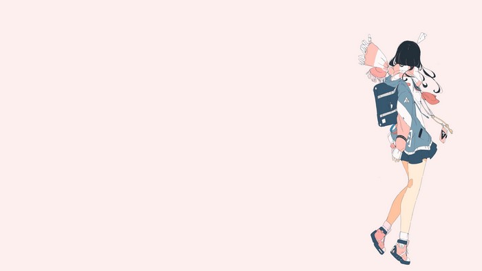 Anime girl with backpack and scarf on pink background