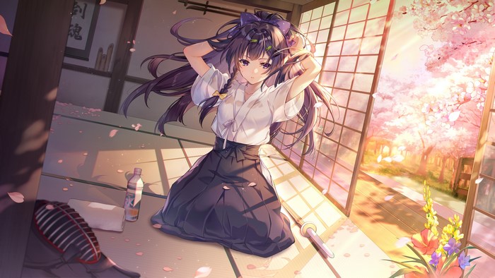 Raiden Mei from Honkai kneeling by a window