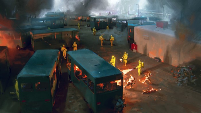 Hazmat suits fighting zombies with flamethrowers in apocalyptic setting