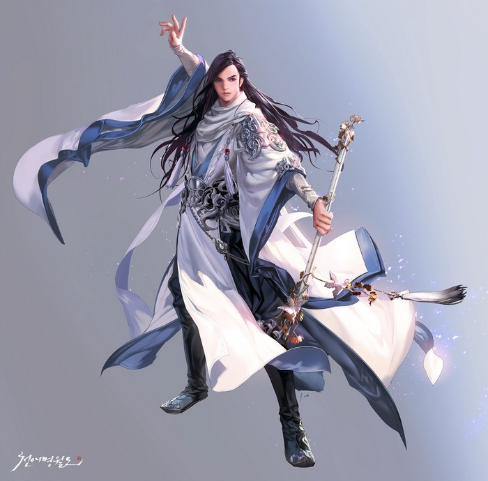 Man in white robes holding a staff