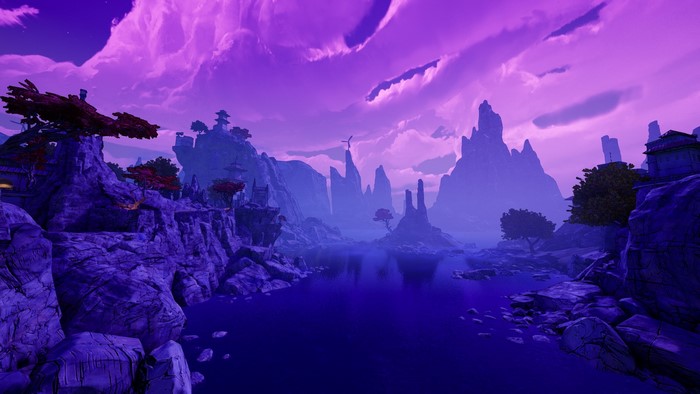 Borderlands 3 landscape with purple sky and mountains