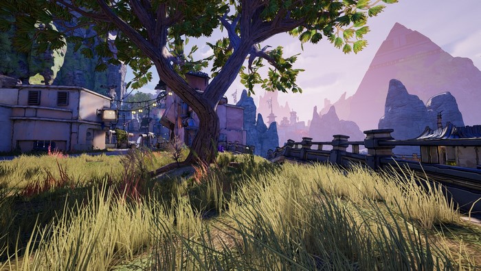 Borderlands 3 screenshot with mountains and buildings