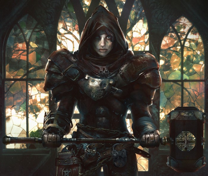Armored warrior with a hammer in front of stained glass