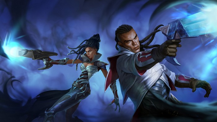 4K League of Legends characters firing energy weapons