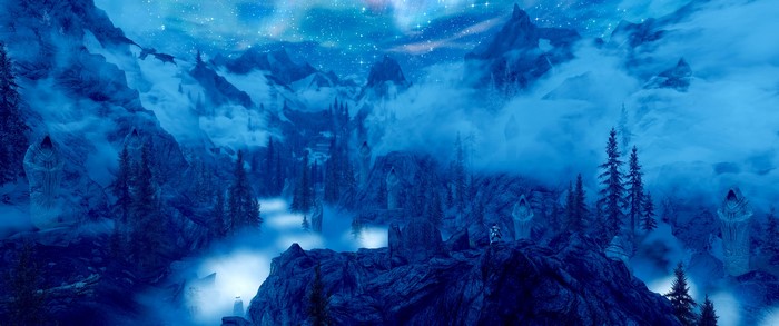 The Elder Scrolls V: Skyrim landscape at night