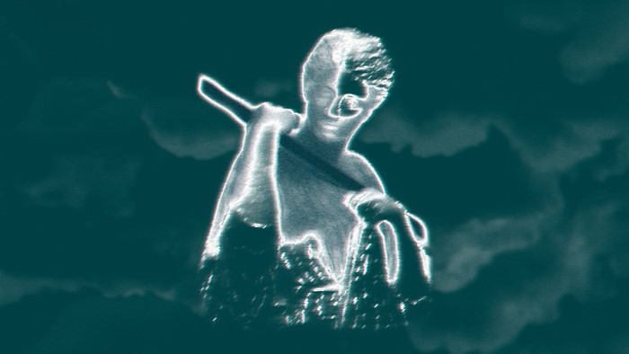 Glitch art statue with glowing outline
