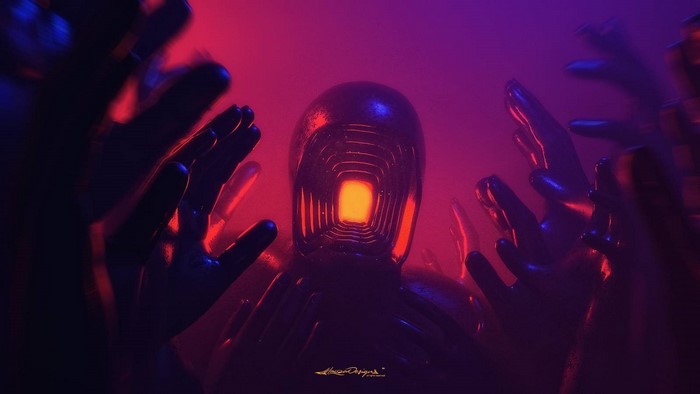 Robot with glowing orange eyes surrounded by hands