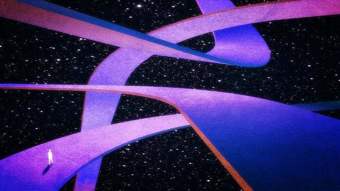 Person walking on purple pathways in space with stars