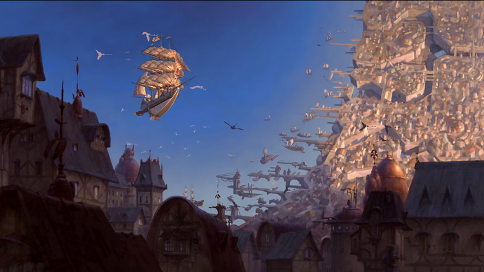 Steampunk airship flying over a fantastical city