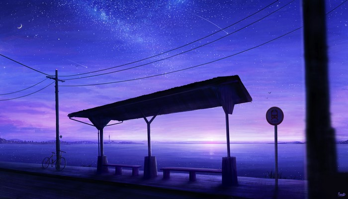 Bus stop at sunset with stars and sea