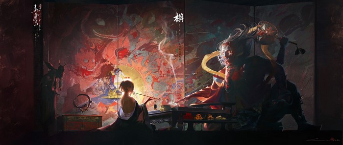 Woman smoking pipe before a painted screen with an Oni