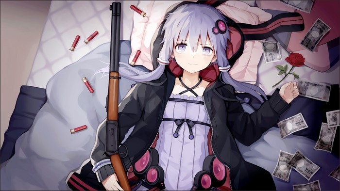 Anime girl with shotgun and money on bed
