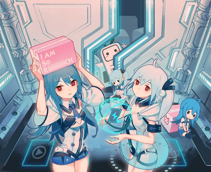 Anime girls in a futuristic room with a pink box