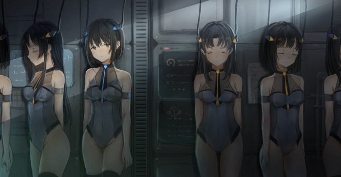 Anime girls in futuristic suits in a laboratory