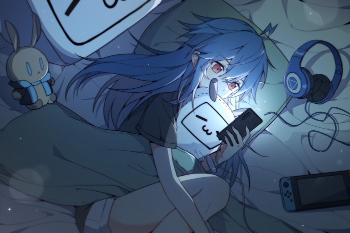 Anime girl with smartphone and Nintendo Switch