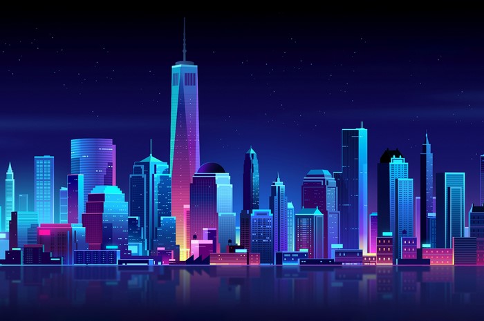 Night Skyline of New York City in Vaporwave Style