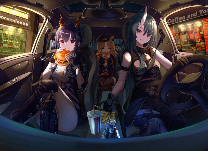 Anime girls eating in a car