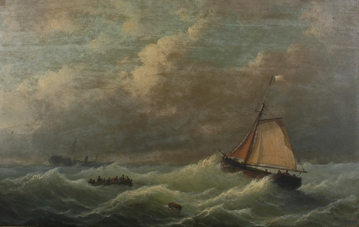 Ship in a storm with a lifeboat and another ship