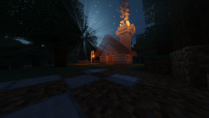 Minecraft house with smoking chimney at night