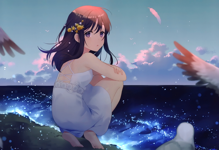 Anime girl in sun dress on beach at sunset