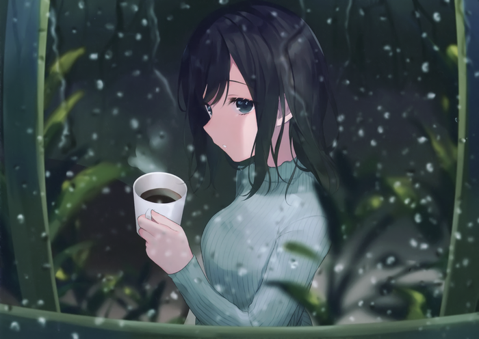 Anime girl drinking coffee in the rain