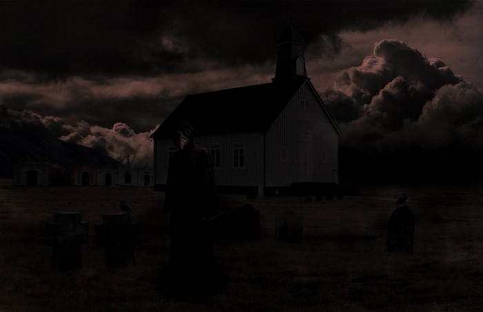Plague doctor in a graveyard with a church