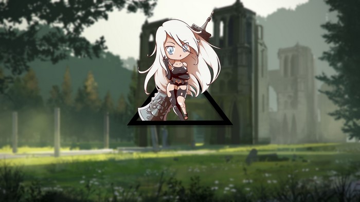 Chibi anime girl with sword in front of ruins