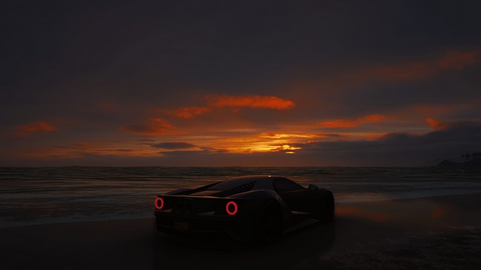 Dark sports car on a beach at sunset, Forza Horizon 4