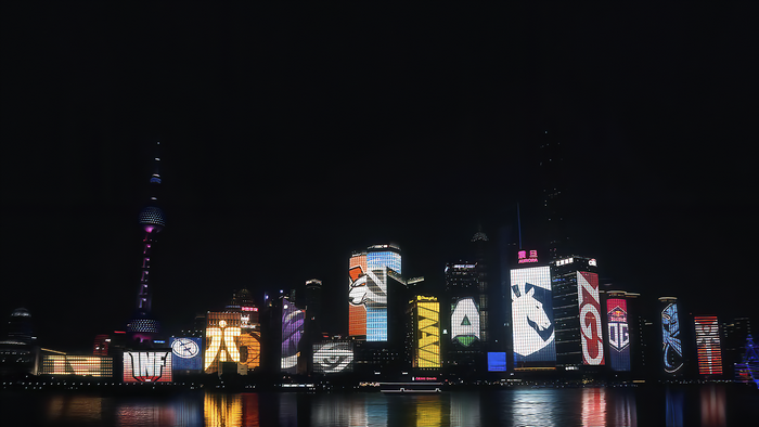The International 2019 Dota 2 logos on Shanghai skyline