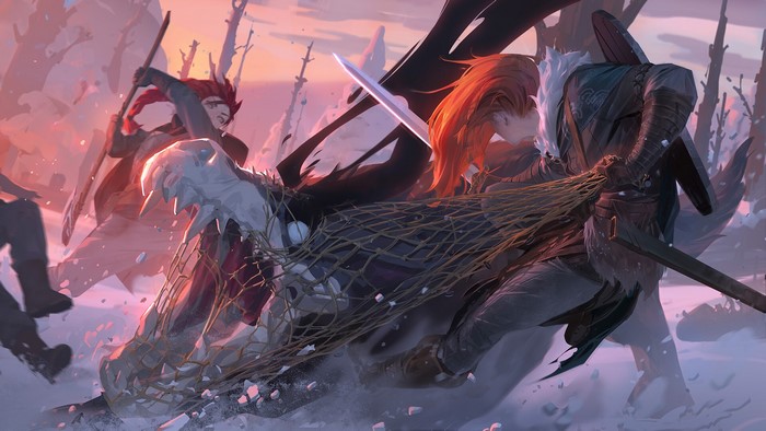 Artwork of warriors in a snowy battle