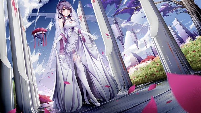 Anime bride in a white wedding dress with purple accents