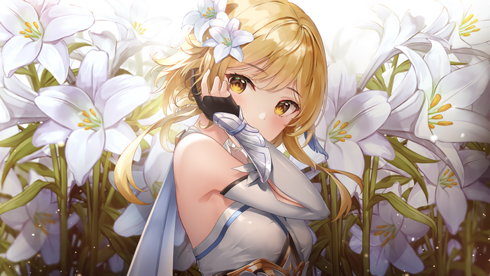 Lumine from Genshin Impact among white lilies