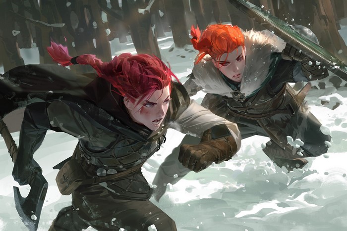 Two warrior girls charging through snow