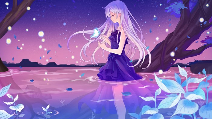 Anime girl with long hair and butterfly in purple dress