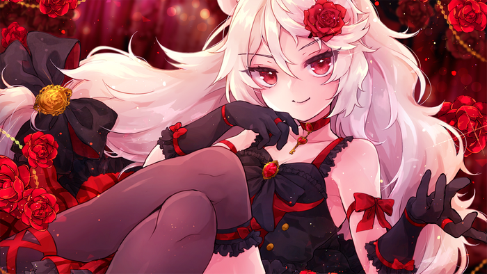 Anime girl with white hair and red eyes surrounded by roses