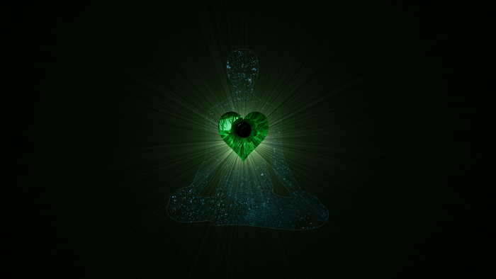 Meditating silhouette with glowing heart-eye