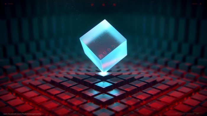 Abstract 3D Render of a Cyan Cube on Red Blocks