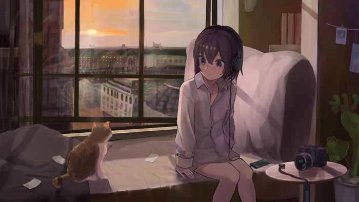 4K Anime Girl with Cat by Window