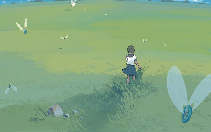 Anime girl in a sailor uniform in a grassy field with flying creatures