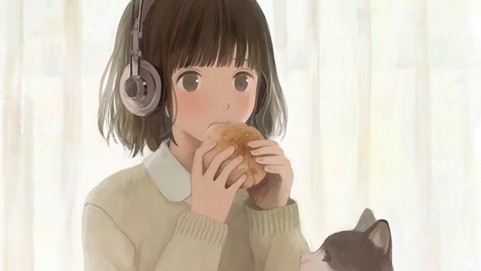Anime girl with headphones eating bread next to a cat
