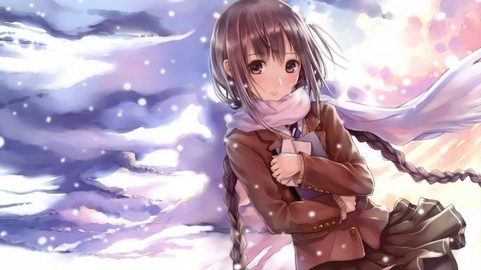 Anime girl with long hair in winter with snow
