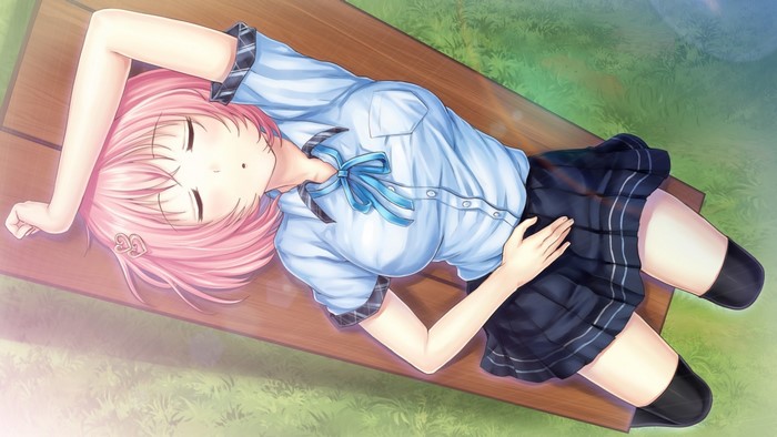 Anime girl with pink hair lying on a bench