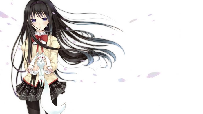 Homura Akemi from Mahou Shoujo Madoka Magica holding Kyubey