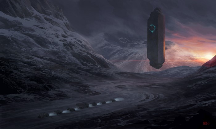 Science fiction landscape with floating monolith and military convoy