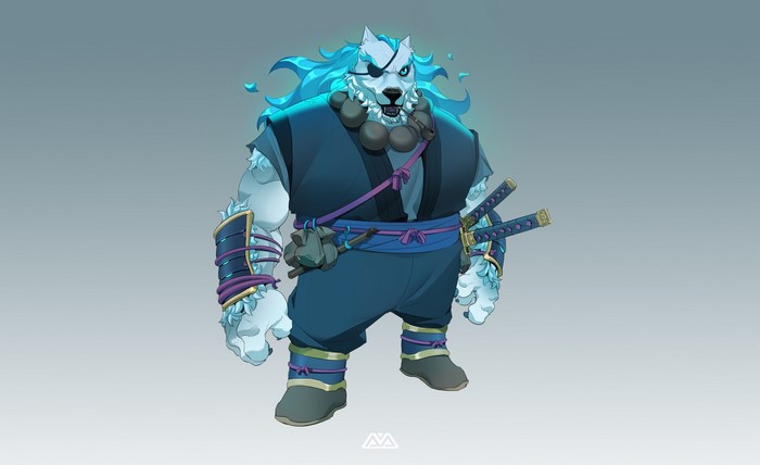 Wolf samurai with blue hair and swords