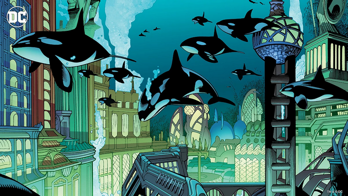 Orcas swimming in an underwater city, DC Comics